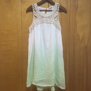 Sand & Spirit Coverup Dress-Ombre White & Green-Crochet Neckline-Sz L-Beach-Boho